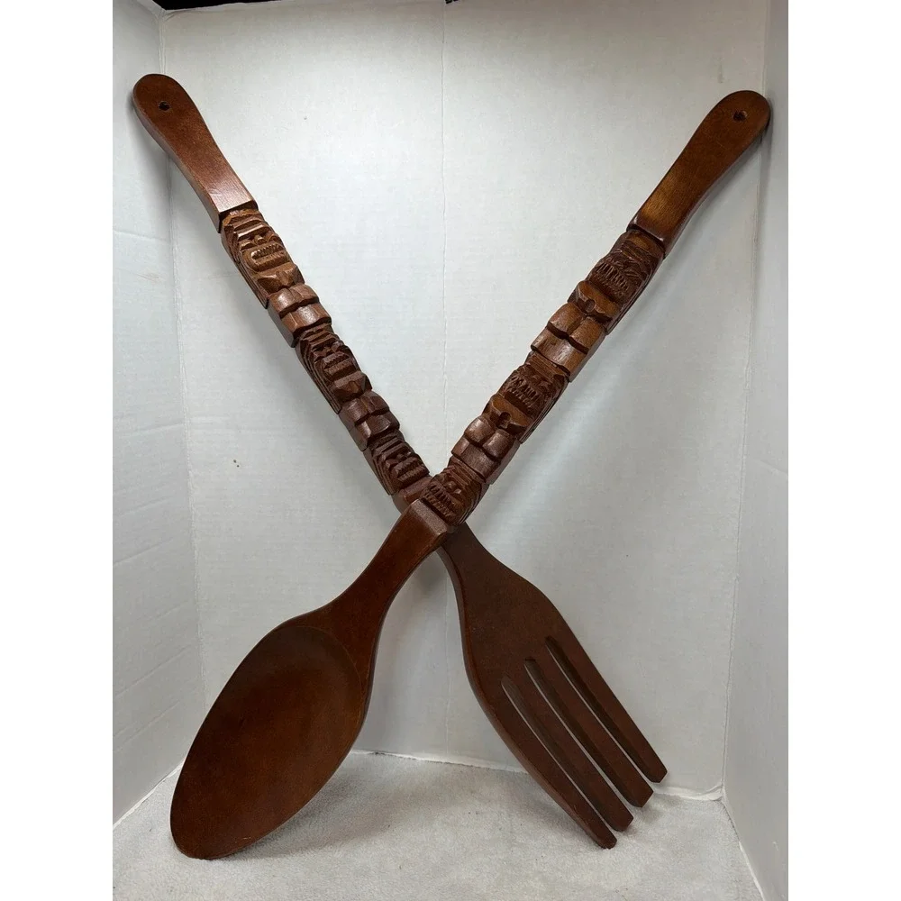 Vintage Wall Decor Brown Tiki Hand Carved Wooden HUGE Fork Spoon Set MCM 28